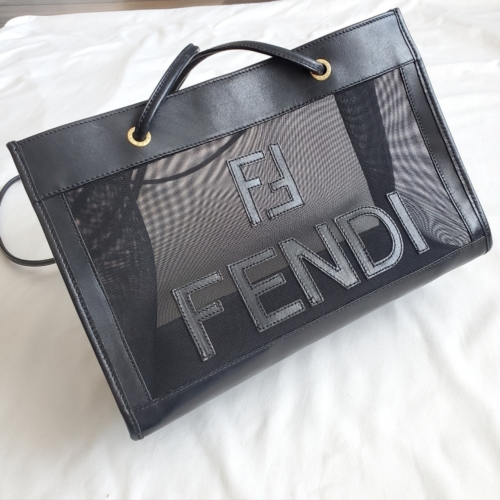 Vintage Fendi 80s Net Mesh Logo Tote Bag Black Leather